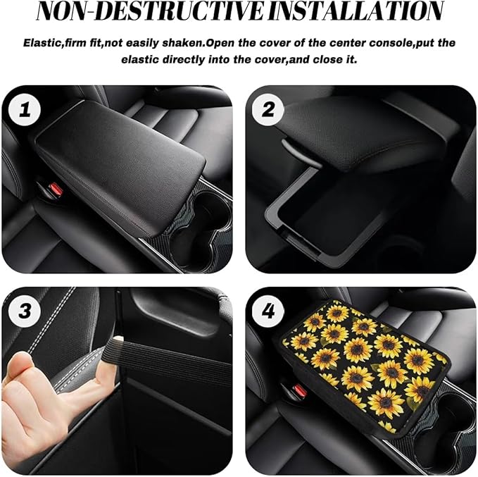 BIGCARJOB Sunflower Car Center Console Cover with Side Storage Auto Interior Accessories Cute Sunflower Print Car Armrest Seat Box Cover Cushion Universal Car Armrest Organizer