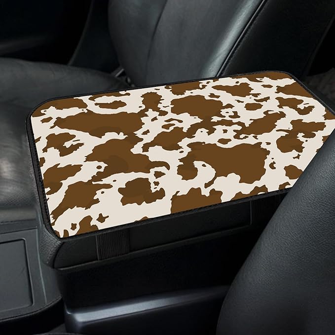 Car Center Console Cover, Universal Soft Large Neoprene Auto Armrest Seat Box Cover, Funny Car Decor Accessories Fit for Most Cars, Vehicles, SUVs Cute Brown Cow Print