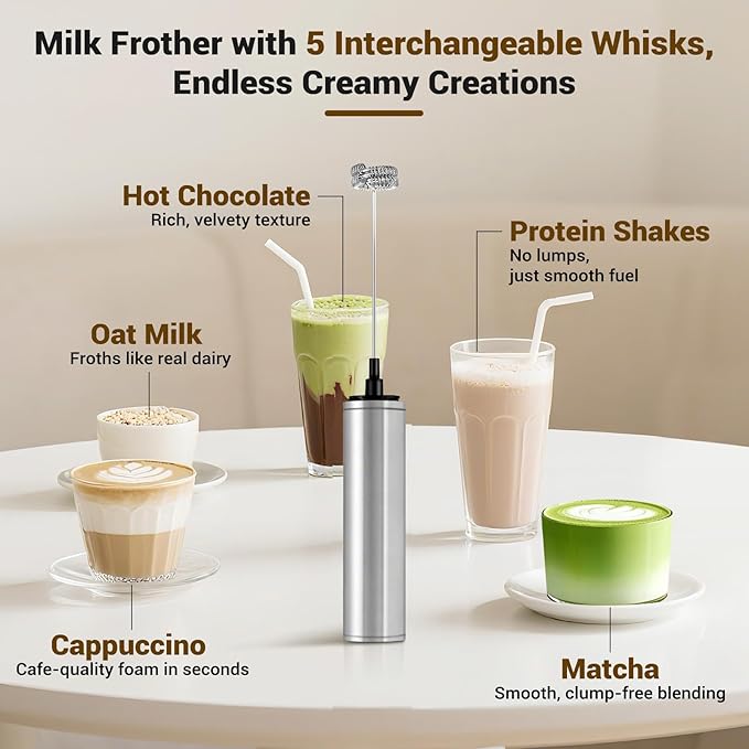 Milk Frother Handheld Rechargeable - 2-Speed Electric Whisk with 5 Detachable Heads (Frother/Mixer/Whisk) for Coffee, Latte, Cappuccino & Matcha, Drink Mixer (silver)