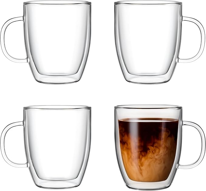Lucco Double Walled Glass Coffee Mugs (Set of 4) - 12 oz Borosilicate Cups for Hot or Cold Drinks, Insulated Latte, Tea & Espresso Cups