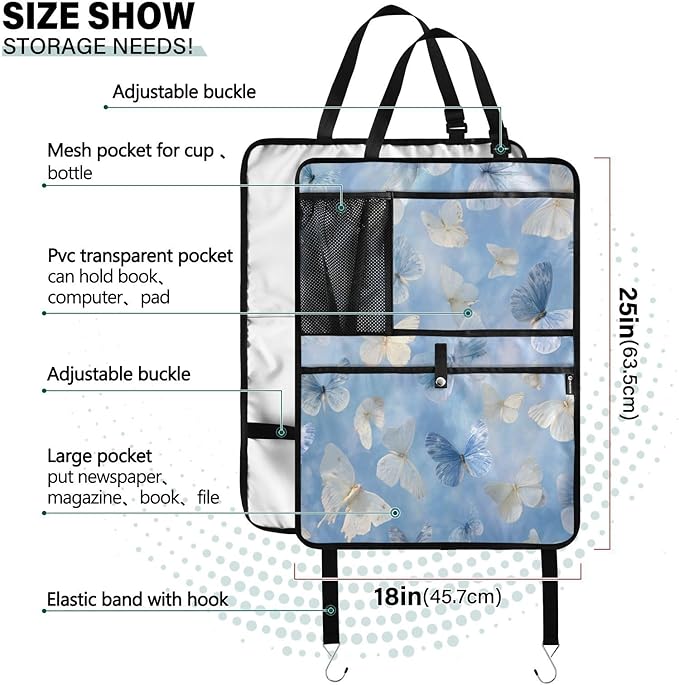 2 Pack Back Seat Car Organizer with Storage Pockets Kick Mats Back Seat Protector Hanging Car Organizer Automotive Seat Back Cover Organizers Sky Blue and White Butterflies