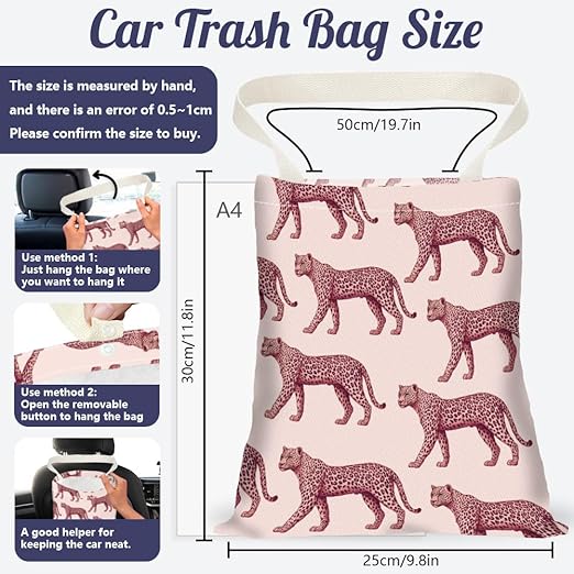 2PCS Leopard Raccoon Print Car Trash Bag Portable Hanging Garbage Bag with Snap Buttons Back Seat Reusable Rubbish Storage Dustbin for Women Man Car Interior Accessories Kitchen Home Travel