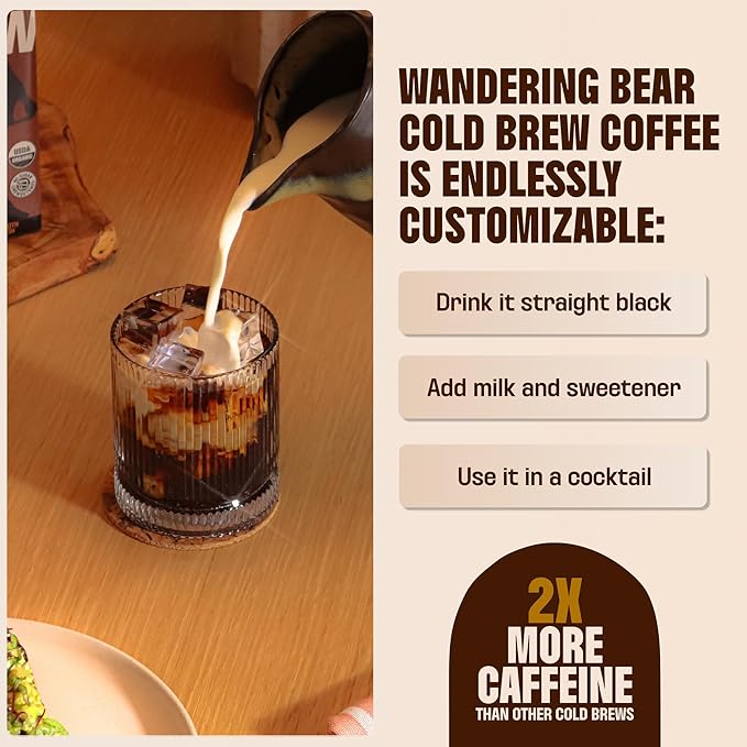 Wandering Bear Organic Vanilla Coffee Cold Brew On Tap, Iced Coffee Drink -Extra Strong, Smooth, No Sugar Added, Shelf-Stable, Ready to Drink, Gluten Free & Vegan Decaf -16 Servings of 6fl.oz -96fl.oz