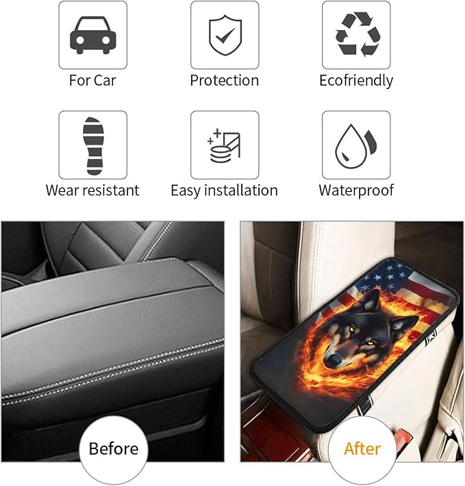 Universal Car Center Console Cushion Pad, American Flag Wolf Soft Waterproof Car Center Console Cover Auto Armrest Seat Box Cover Protector for Most Vehicle SUV Truck Car