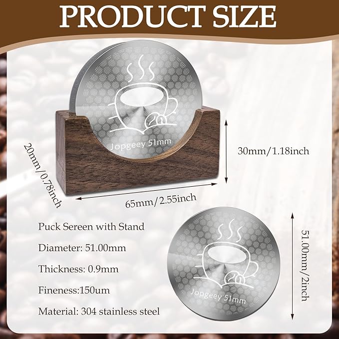 2 Pack 51mm Espresso Puck Screen with Stand, 0.9mm 150μm Ultra Thin Reusable Coffee Filter Compatible with Breville Barista 51mm Portafilter Basket, 304 Stainless Steel Espresso Machine Accessories