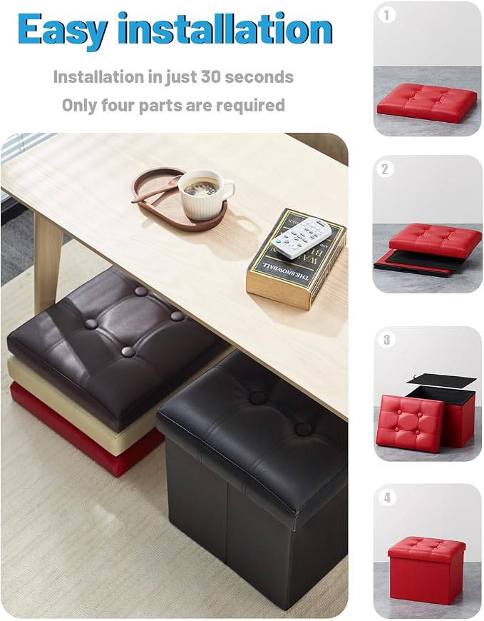 AmasSmile Storage Ottoman Folding Foot Rest Stool, Leather Footstool Bench, Short Ottoman Stool, Storage Foot Rest Store, Books (Red, 17" D x 13" W x 13" H)