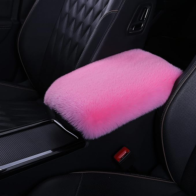 1 Set 6 Pcs Fluffy Car Steering Wheel Cover & Seat Belt Shoulder Pads & Handbrake Cover & Gear Shift Cover Set & Seat Belt Shoulder Pads Faux Wool Universal Fit Car Interior Accessories (Pink)