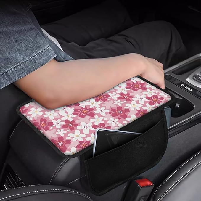 Dreaweet Car Center Console Cover Pink and White Cherry Blossom Car Accessories for Women Arm Rest Cover for SUV Sedan Non-Slip Comfortable Car Armrest Cover Pad,Easy to Install