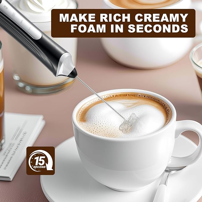 Handheld Electric Milk Frother with 2 Heads, Coffee Whisk Foam Mixer with USB Rechargeable 3 Speeds, Foam Maker Blender for Latte, Cappuccino, Hot Chocolate, Egg (Black with 2Head+Box)