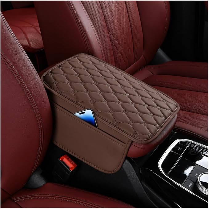 Car Center Console Cover, Leather Vehicle Armrest Cover Cushion with 2 Storage Bags, Automotive Interior Arm Rest Seat Box Pad Accessories, Universal for SUV Sedan Truck (Coffee)