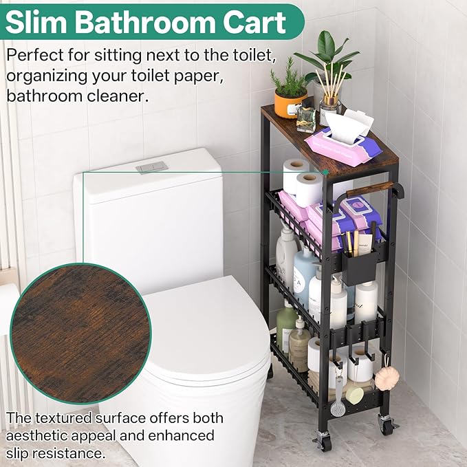 Slim Bathroom Storage Cart, 4 Tier Small Rolling Organizer Cabinet with Wood Top Handle, Mobile Shelving Unit Slide Out for Office, Kitchen, Laundry Room & Narrow Places (9.1" Overall Width)