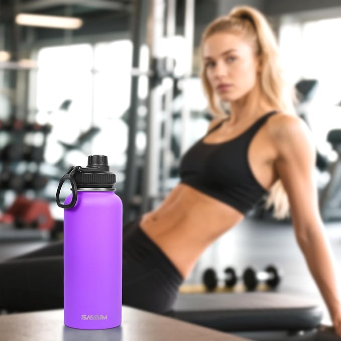 SASEUM Sport Water Bottle 18oz Stainless Steel Double Wall Vacuum Thermal Mug with Leak Proof Spout Lids, Wide Mouth Metal Insulated Water Jug for Gym and Travel（Purple）