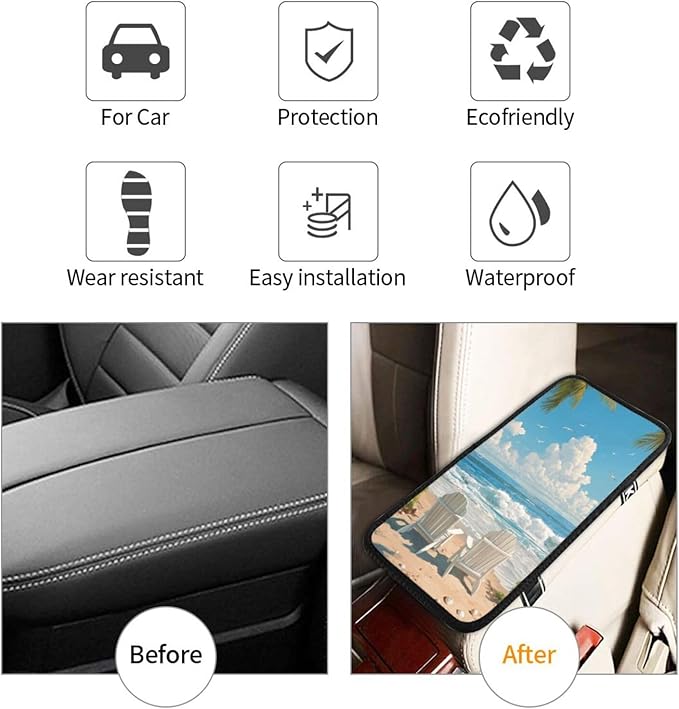 Beach Scene Center Console Cover Pad, Car Armrest Seat Box Cover Cushion Universal for Most Vehicle SUV Truck, Car Interior Accessories Decor, Protect from Pet Claws & Dirt