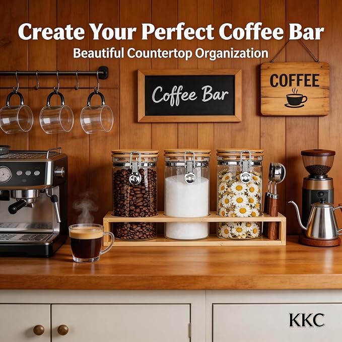 Glass Coffee Canister Set for Countertop | 3-Piece Airtight Jars for Coffee, Sugar, Tea | Modern Farmhouse Kitchen Essentials with Bamboo Lids & Scoops for Coffee Bar & Pantry Organization