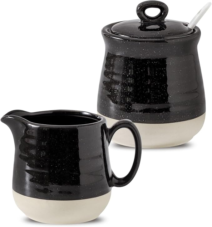 Ceramic Sugar and Creamer Container Set of 3,10 Ounce Cream Pitcher,11 Ounce Sugar Bowl with Lid and Spoon,Farmhouse Coffee Bar Accessories Set for Serving,Microwave & Dishwasher Safe,Black