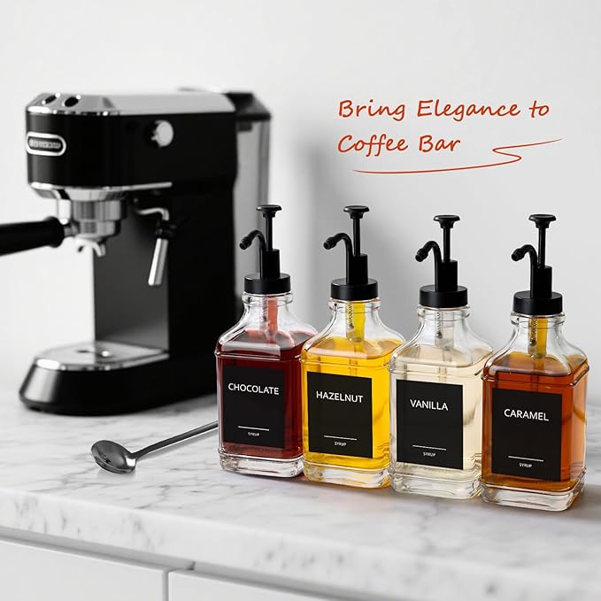 Coffee Syrup Dispenser, Coffee Bar Accessories 16.9 fl oz/500ml, Glass Syrup Dispenser with Pump Dispenser, Labels, Spoons for Coffee Bar, 4 Pack