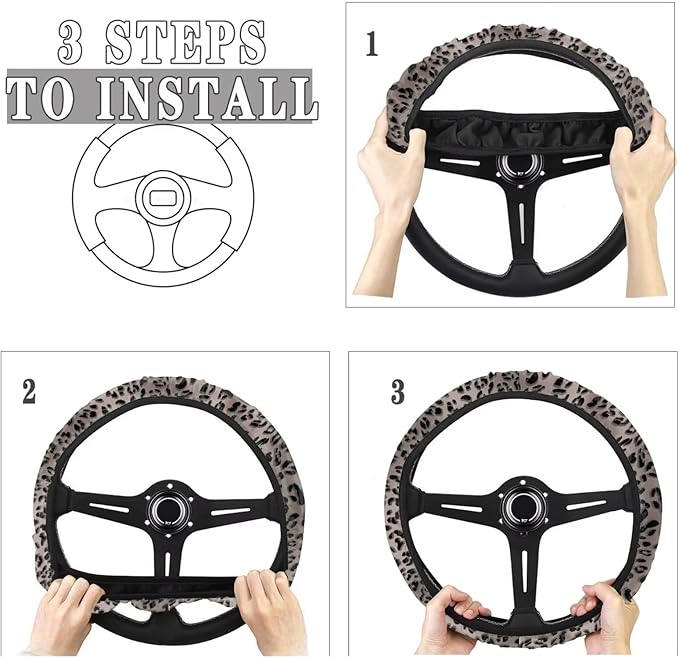 Universal Non-Slip Steering Wheel Cover, 15-inch Polyester Material Driving Accessories, Adjustable for Car and Truck(Vintage Charcoal Leopard)