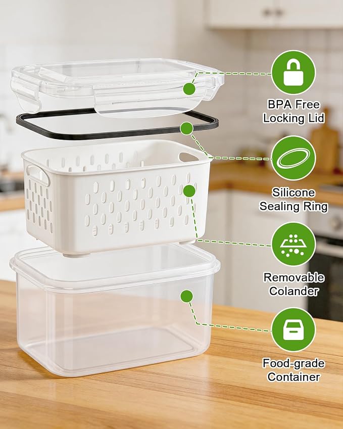 TBMAXS 4 Pack Food Storage Containers Fruit Containers for Fridge with Colander Airtight BPA Free Plastic Berry Keeper Container Produce Saver Vegetables Keep Fresh