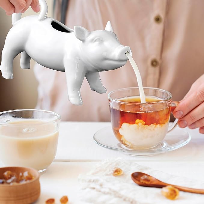 HIC Kitchen Pig Creamer With Handle, Fine Porcelain, 6-Ounce, For Serving Milk, Cream, Syrup, Dressings, And Sauces