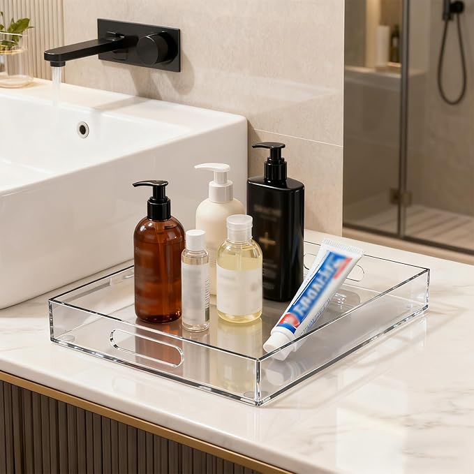 16x12 Inch Clear Acrylic Serving Tray for Display and Organizing A Decorative Tray with Handle Easy to Carry Use Kitchen Serving Trays Bathtub Tray Living Room Storage Tray Life Storage Tray