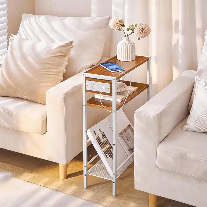 HOOBRO Small Narrow Side Table with Charging Station, Skinny End Table for Small Spaces, Slim Nightstand with USB Ports Outlet, Sofa Beside Table with Storage Shelf, White and Walnut WH102UBZ01