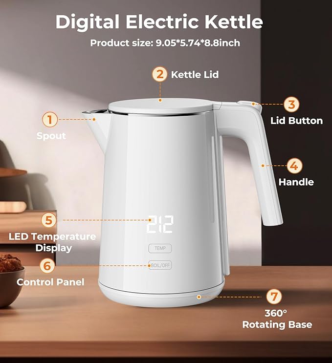 Electric Kettle, 1.0L Fast Boiling with 7 Temperature Settings, Auto Shut-Off & Boil-Dry Protection, Stainless Steel Interior, 4 Hour Keep Warm, Cool Touch Double Wall, Perfect for Coffee & Tea, White