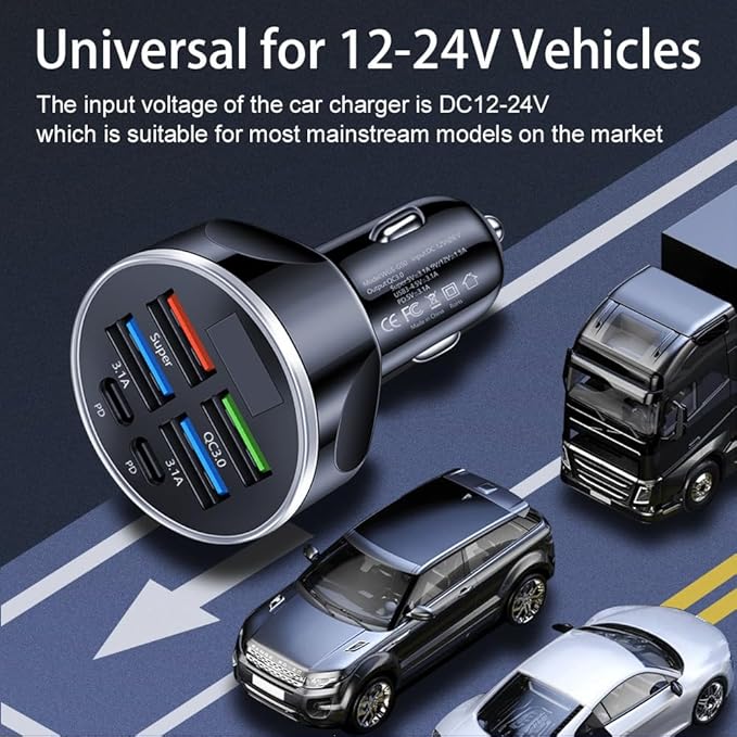 MESA'S LIVE 6-Port Car Charger USB C, 100W Max PD 65W QC3.0 Fast Charging, LED Voltage Display, 12/24V for Car/Truck/RV, Compatible with iPhone 16/Samsung/Tablet/Laptop