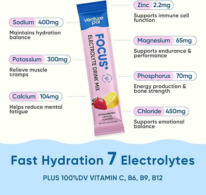 Venture Pal 2-in-1 Hydration Packets + Focus Support Electrolytes Powder, 7 Electrolytes + Vitamins, Magnesium, Lion's Mane & L-Theanine | Sugar Free Liquid Daily IV Drink Mix, Vegan, Keto, 16 Sticks