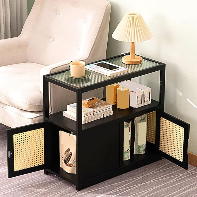 Side Table Glass Top Movable End Table Coffee Station Table, MDF Coffee Bar Stand Cart with Storage Coffee Table on Wheels,for Home Kitchen, Entryway, Living Room,Dining Room(Black)