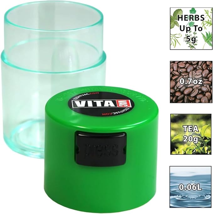 Vitavac - 5g to 20 grams Airtight Multi-Use Vacuum Seal Portable Storage Container for Dry Goods, Food, and Herbs - Green Clear