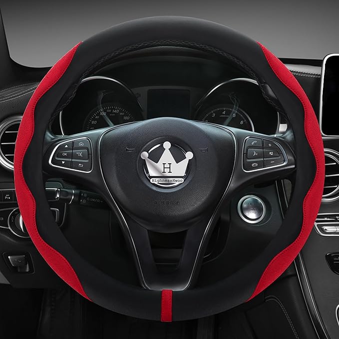 Luxury Suede Steering Wheel Cover for Cars, Soft Leather Padded Wheels Cover for Sedan, SUV, Thin Car Handle Cover, Universal Fit, Anti Slip, 14.75-15.15in, Red