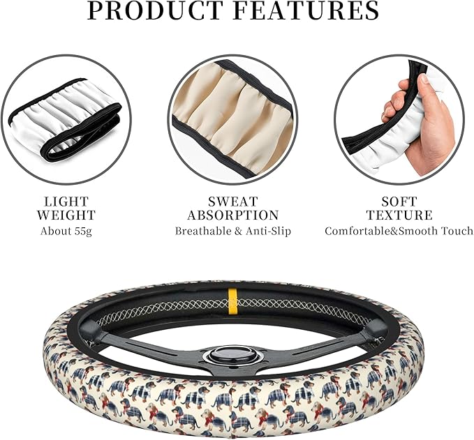 Car Steering Wheel Cover 15 Inch Leather Breathable Universal Auto Steering Wheel Protector Fit Auto Suvs Van Truck - Plaid Dachshund 6