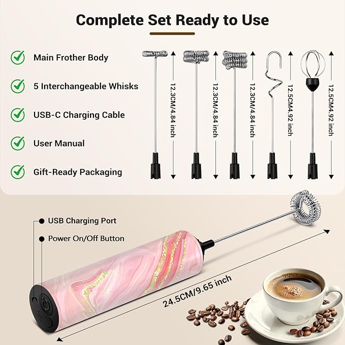 Milk Frother Handheld Rechargeable - 2-Speed Electric Whisk with 5 Detachable Heads (Frother/Mixer/Whisk) for Coffee, Latte, Cappuccino & Matcha, Drink Mixer (Flower 19)