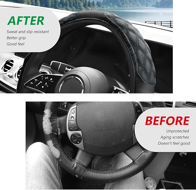 Car Steering Wheel Cover, 15 Inches Leather Steering Wheel Protector with Non-Slip Grip, Universal Wheel Covers Interior Decoration for Sedens Trucks SUVs, Car Accessories (Black)