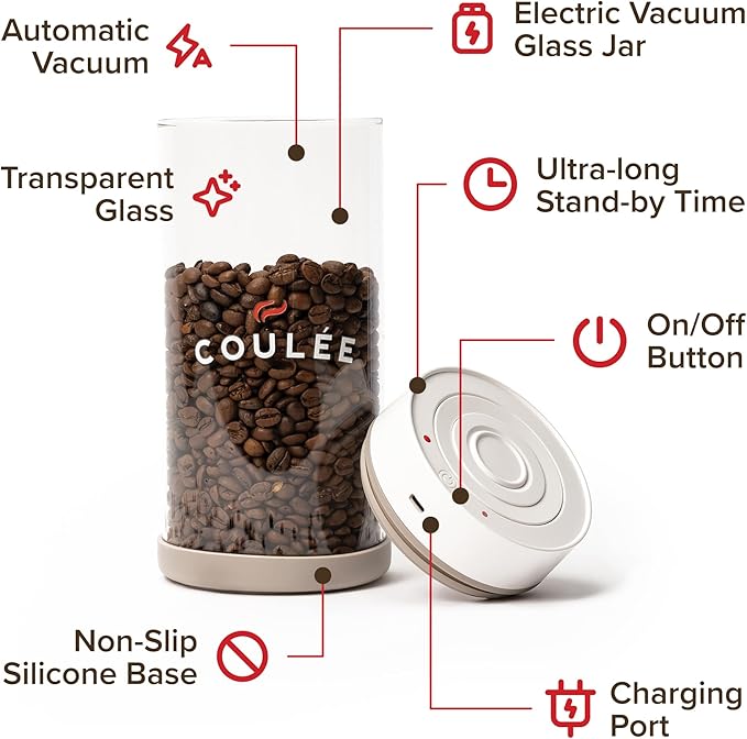 Coffee Rechargeable Vacuum Glass Canister, Kitchen Appliances, Store Coffee, Tea, or Pantry Items, Home Essentials, Kitchen Food Organizer, Food Container, USB Charger, 1.35L Capacity
