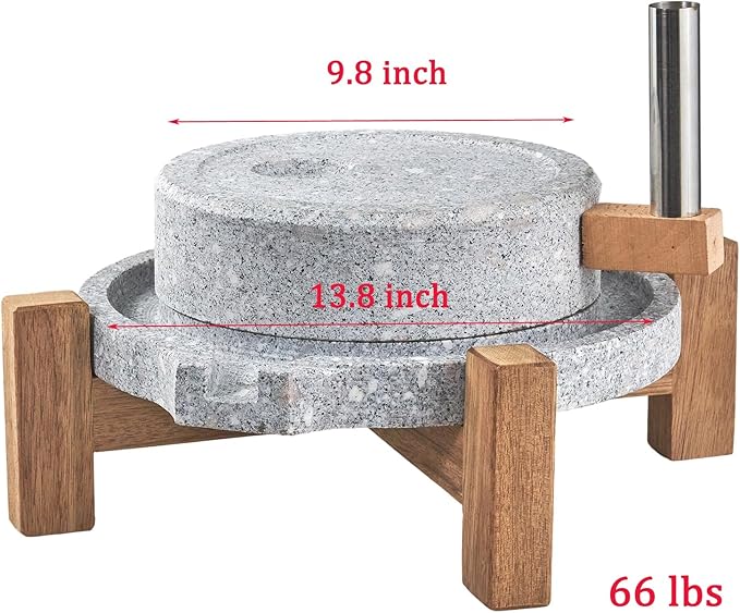Stone Grain Mill - Manual Flour Mill with Stable Wood Base, Natural Granite Stone Grinder Mill for Dry & Wet Use, Home Kitchen Tool (9.8 x 13.8 inch)