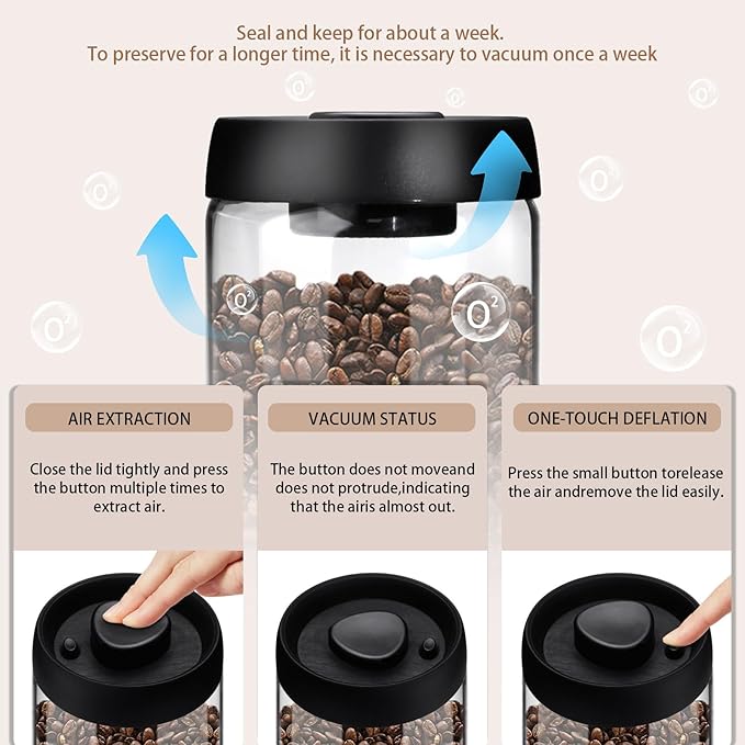 Vacuum Coffee Canister for Coffee Bean Storage, 1.2L/40.6oz Airtight Coffee Storage Container, Glass Manual Vacuum Seal Coffee Container with Scoop for Bean, Ground Coffee, Tea
