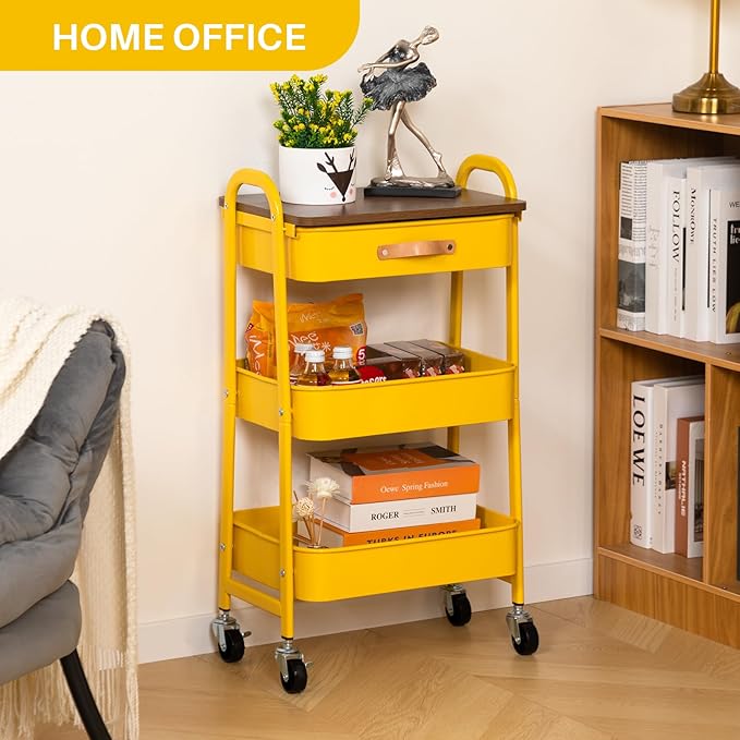 AGTEK Rolling Cart with Drawer, 3 Tier Movable Metal Utility Organizer with Wooden Board, Mobile Trolley Cart for Home & Office, Yellow