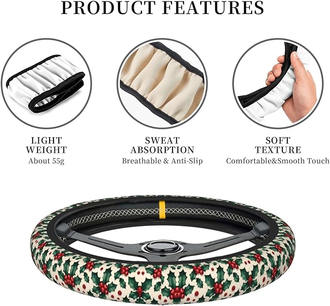 Christmas Pattern Print Neoprene Steering Wheel Covers Women Men Car Accessories, Universal 15 Inch Fit Auto, Suvs, Truck