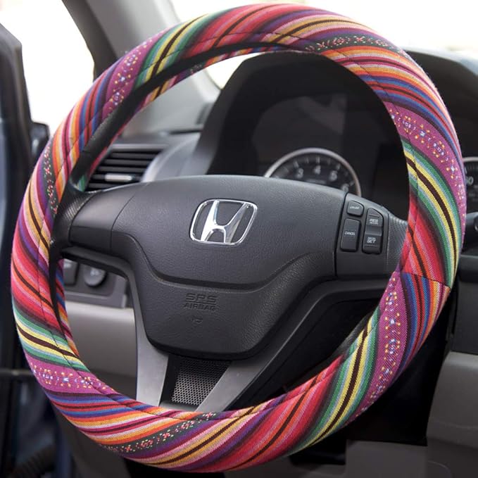 Carbella Pink Woven Boho Bohemian Hippie Saddle Blanket Style Steering Wheel Cover for Women - Fits Most Standard Wheel Sizes 14.5 - 15 inch Woven Style - Light Stripes