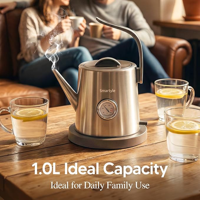Smartyle® Electric Tea Kettle with Thermometer,1.0L Gooseneck Electric Kettle,304 Stainless Steel,Auto Shut-Off,1200W Pour Over Coffee Pot for Brewing Coffee & Tea at Home,Office,or Café (Chrome)