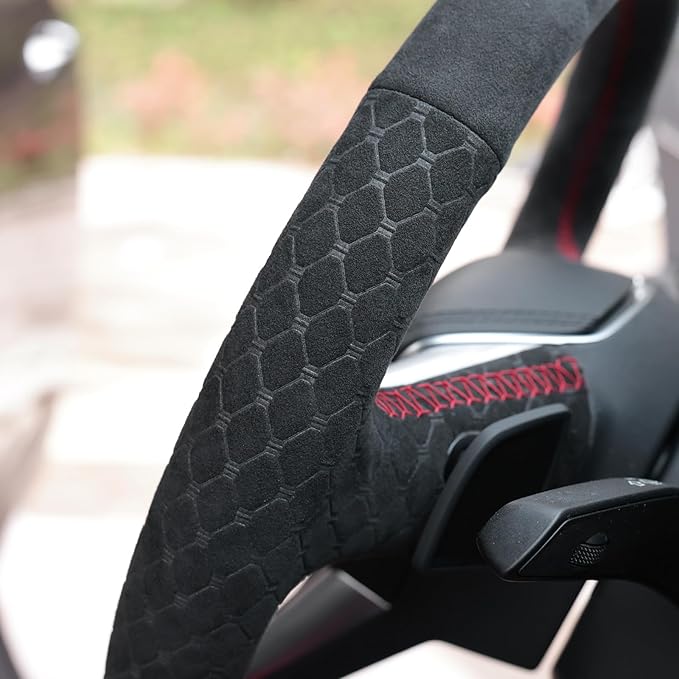 MEWANT Hand Stitch Steering Wheel Cover for Audi A6 2019-2022 A6 Allroad 2020-2022 A7 2019-2022 RS 6 Avant 2021-2022 RS 7 2021-2022 S6 2020-2022 Black 9040 IT-Alcan Suede DIY Interior Accessories