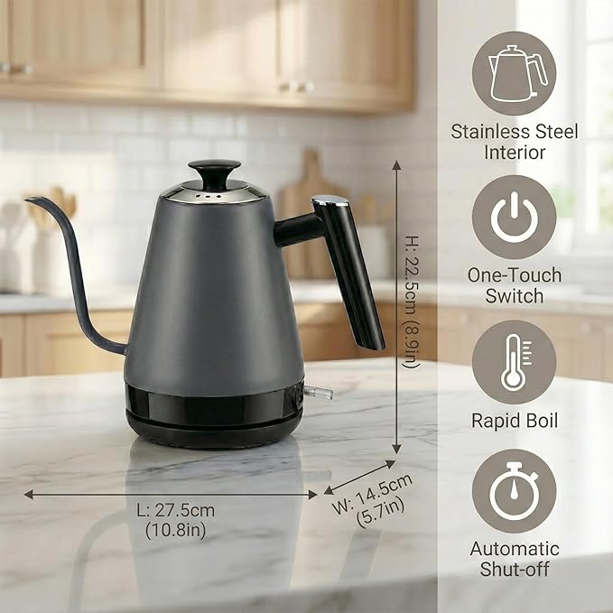 Electric Gooseneck Kettle, Pour Over Kettle for Coffee & Tea, Hot Water Boiler, 100% Stainless Steel Inner Lid & Bottom (K02)