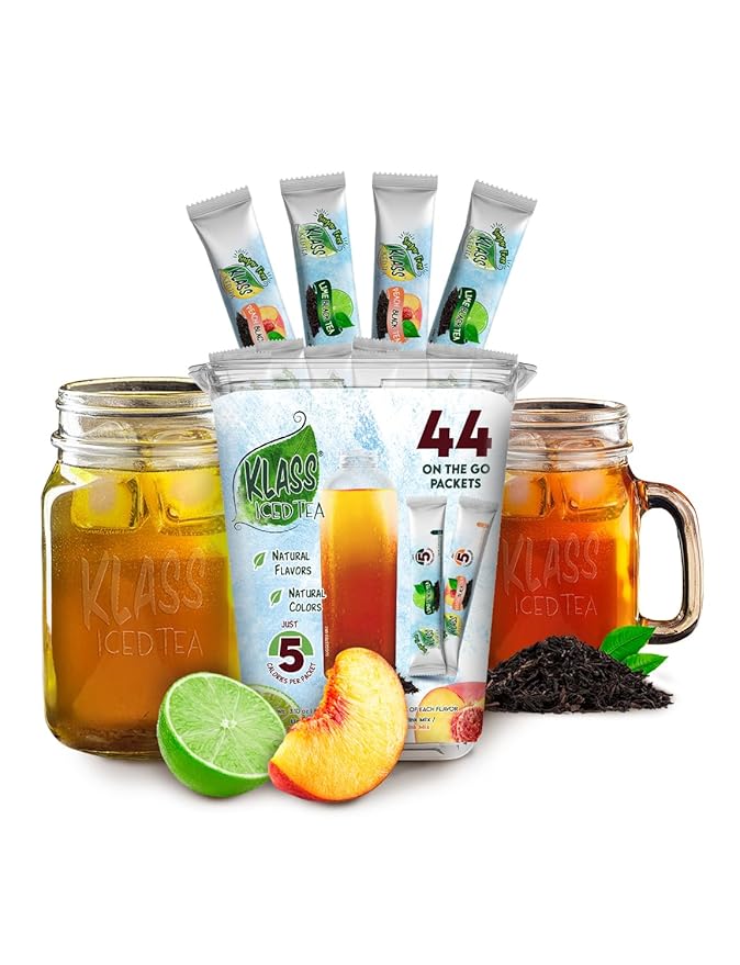 Klass Iced Tea, Powdered Drink Mix Variety Pack, 44 Singles Zero Sugar & Caffeine-Free Powder Packets, Water Drink Mix, Flavors: Peach & Lime Black Tea - 5 Calories Per Packet & Natural Flavors