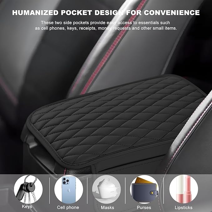 Car Center Console Cover, Waterproof Leather Arm Rest Cushion Pad with 2 Storage Bags, Anti-Scratch Armrest Seat Box Protector Interior Accessories for Most Vehicles (Black)