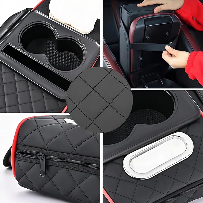 Multifunctional PU Leather Car Armrest Box Mat, 5-in-1 Multifunctional Car Armrest Cushion, Center Console Cover with 2 Cup Holder, For Storing Tissues, Phones, Wallets, Drinks, for Most Cars (Orange)