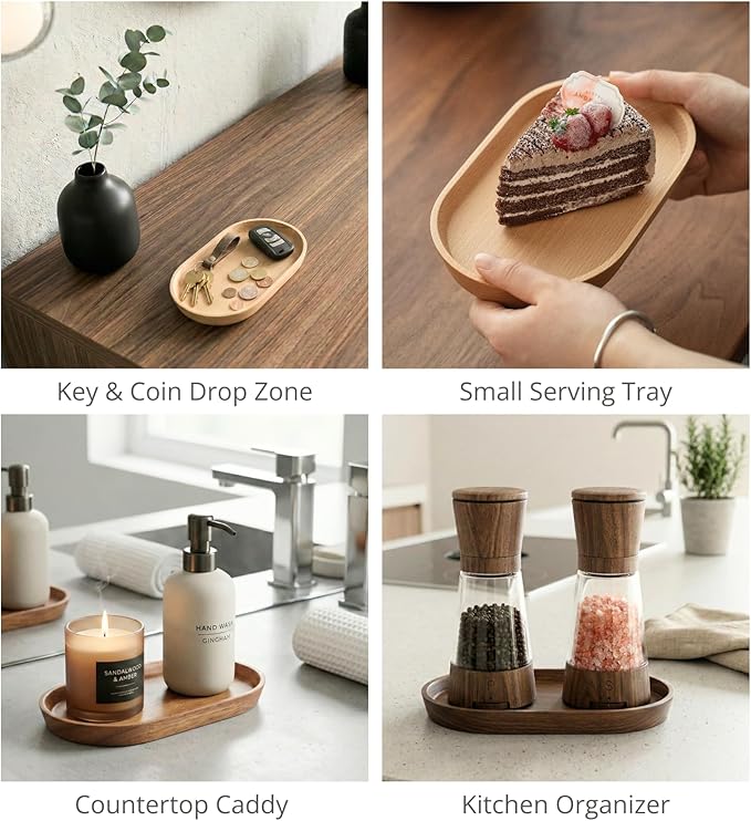 Mini Serving Trays for Parties, Small Decorative Tray for Tea＆Coffee, Oval Wooden Plates for Serving Food for Appetizer＆Vegetables for Bathroom 7.8"×4.6" (Walnut, Set of 2)
