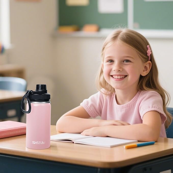 SASEUM Kids Sport Water Bottle 12oz Stainless Steel Double Wall Vacuum Thermal Mug with Leak Proof Spout Lids, Wide Mouth Metal Insulated Water Jug for Gym and Travel（Pink）