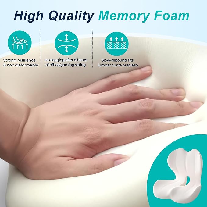 Seat Cushion for Office Chair and Car, Lumbar Support Pillow for Office Chair, Memory Foam Ergonomic Seat Cushion for Long Sitting, Back & Tailbone Pain, Sciatica - Blue & Gray