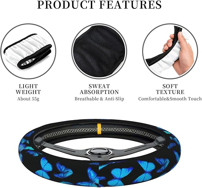 Blue Butterfly Steering Wheel Cover for Women Men Girls, Car Accessories Decor Thickened Anti-Slip Auto Steering Wheel Covers Protector Universal Fit 15 Inch for Cars, Truck, SUV